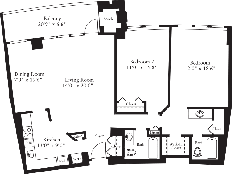 2 Bedrooms H floor plan