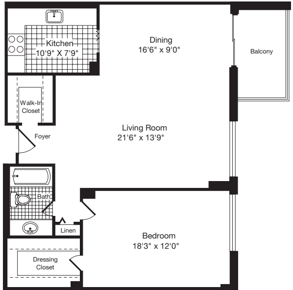 1 Bedroom U floor plan
