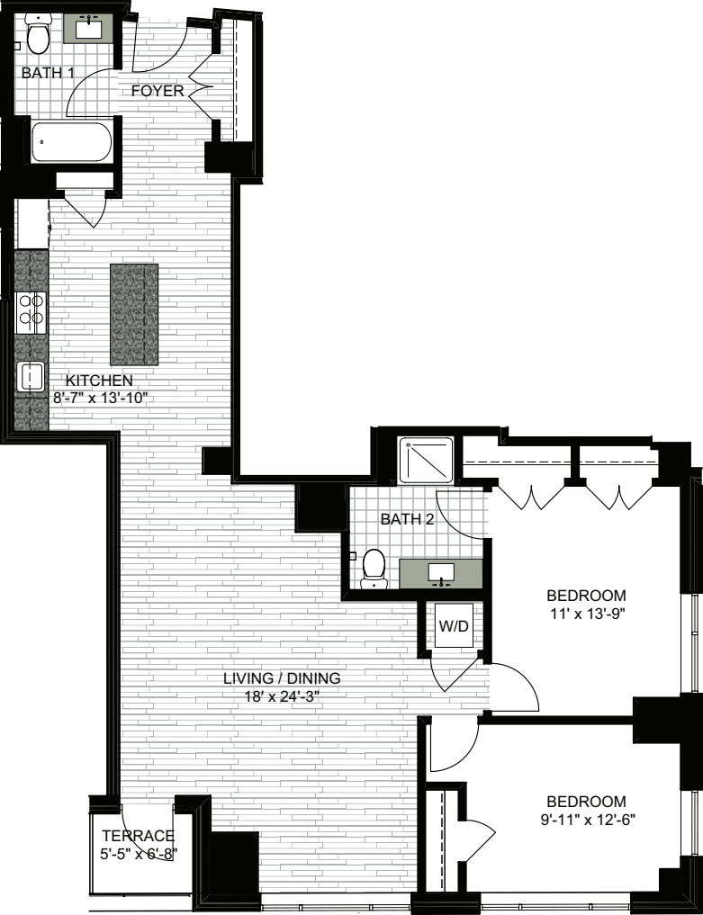 2 Bedrooms R floor plan