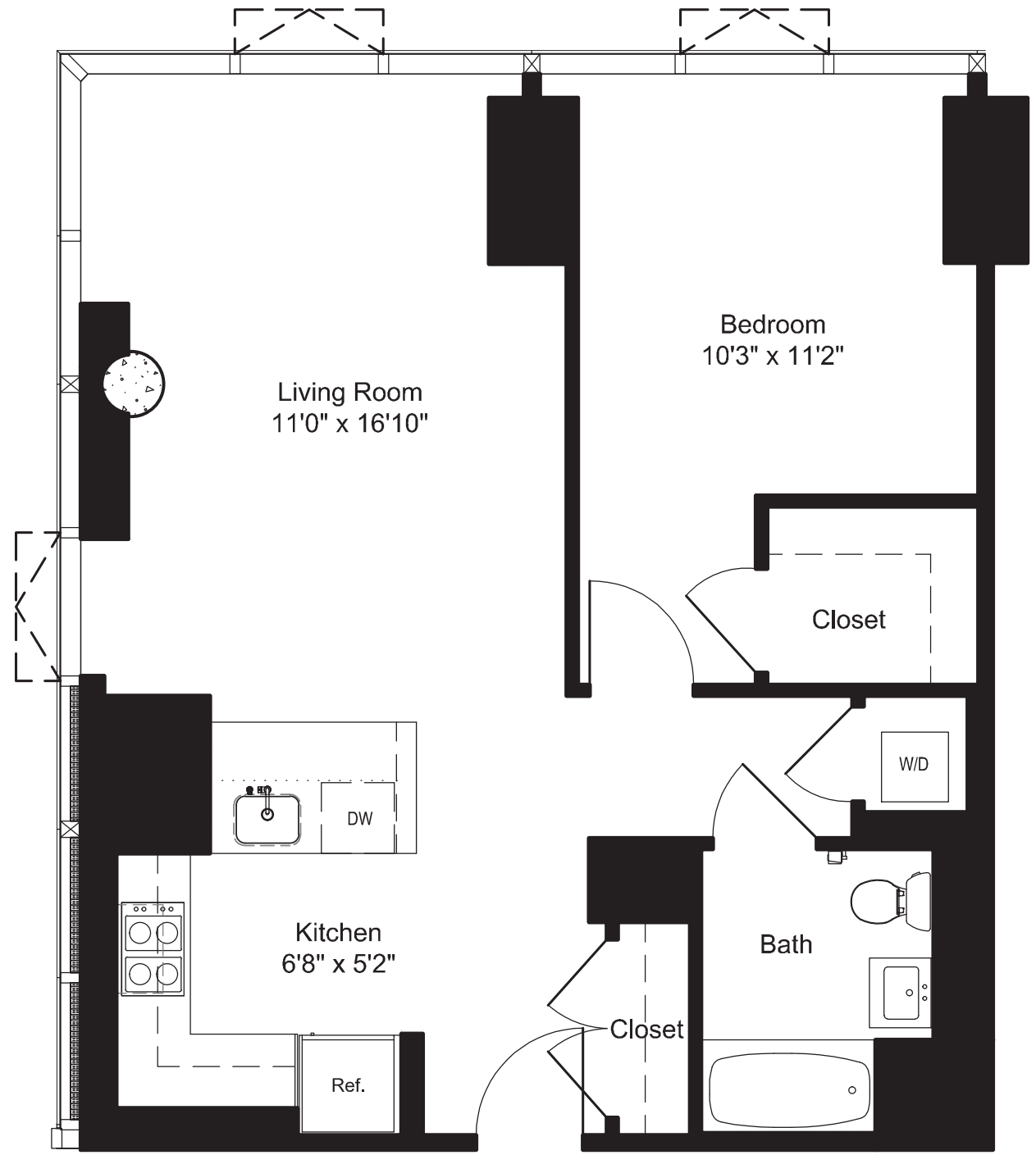 One Bedroom K 3-6, J 7-19 floor plan