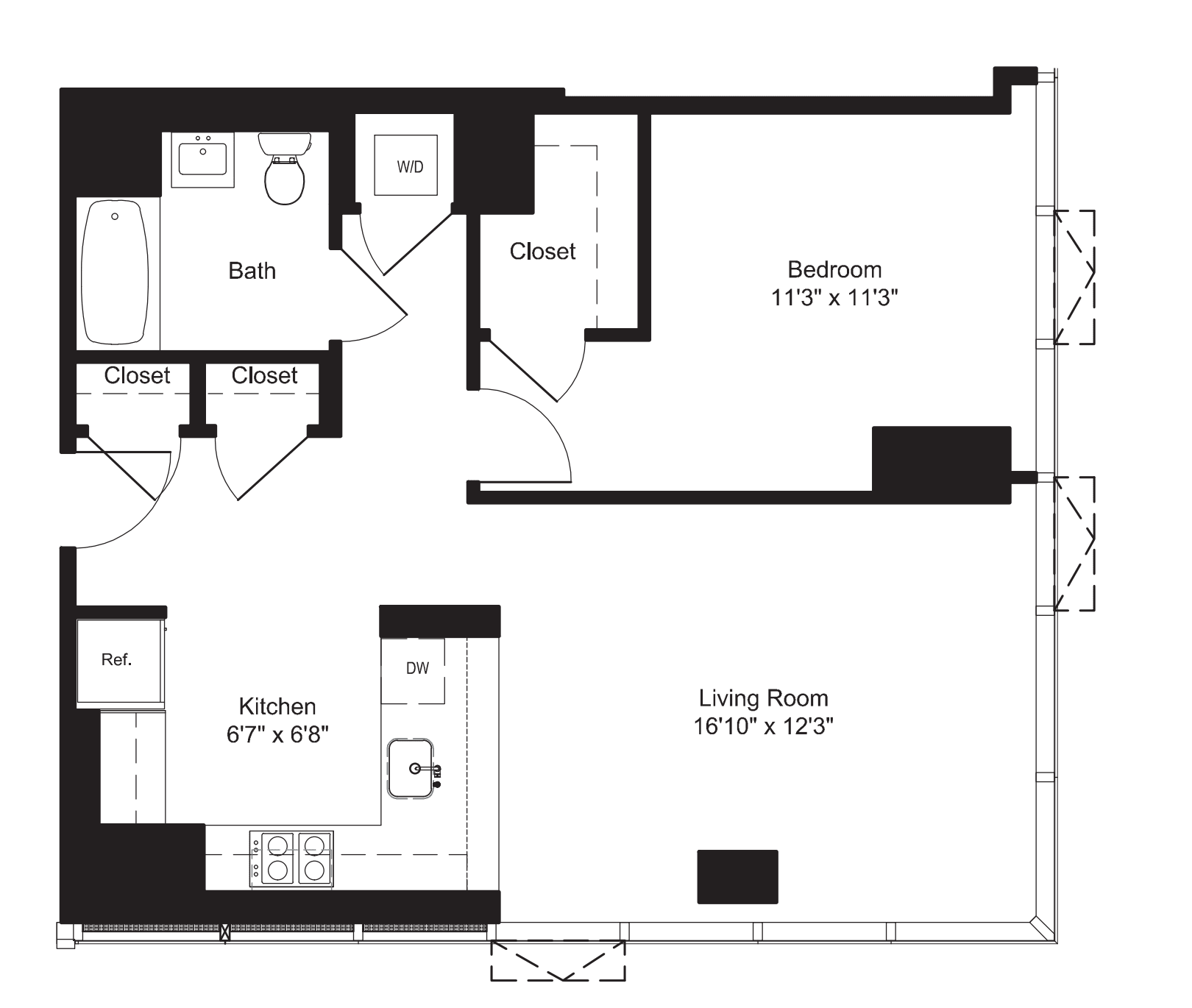 One Bedroom E 2-19 floor plan