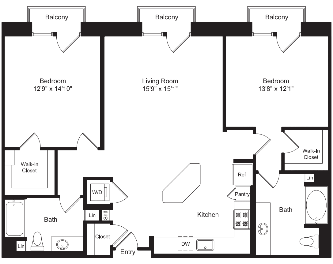 Two Bed B4 with 3 Balconies floor plan