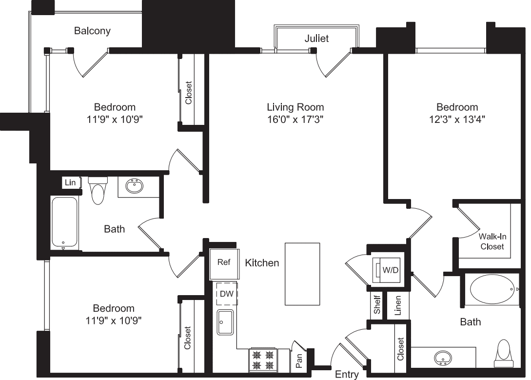 Three Bed C1b with Balconies floor plan