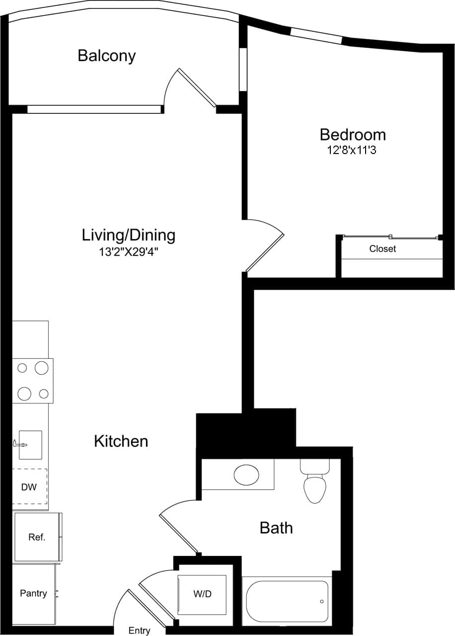 1B - Curved with Balcony floor plan