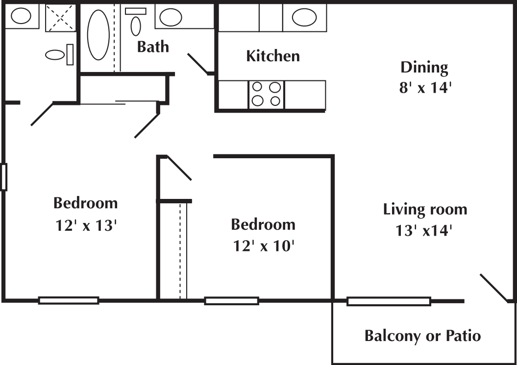 2 bed 2 Bath 728 floor plan