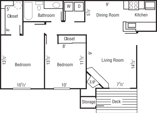 2 Bedroom  1 Bath floor plan