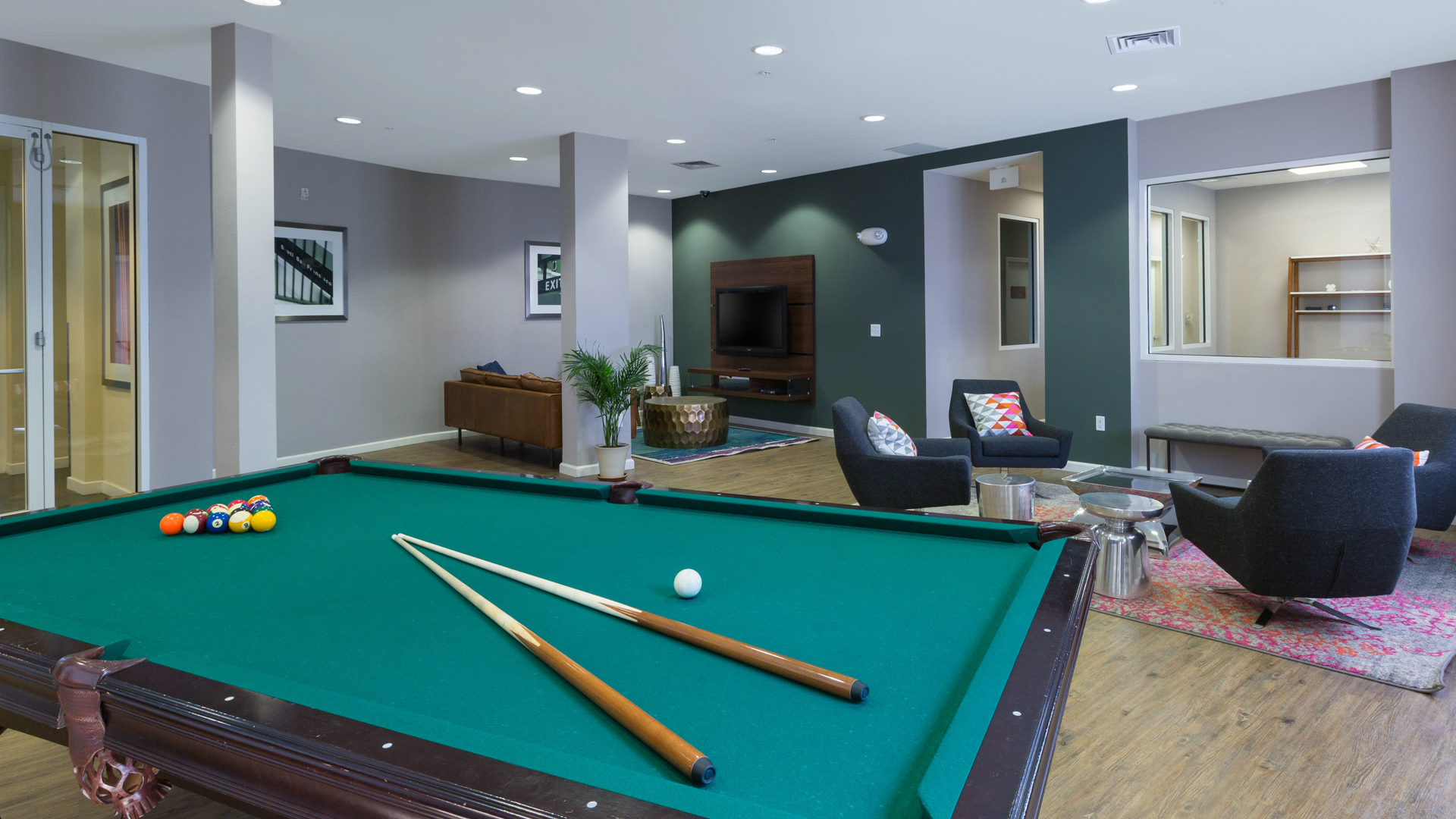 Game room at South City Station Apartments