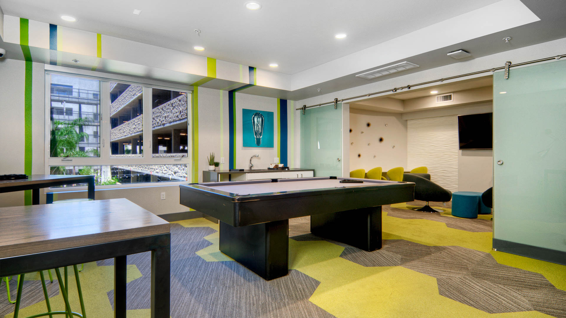 Game room at The Lex Apartments